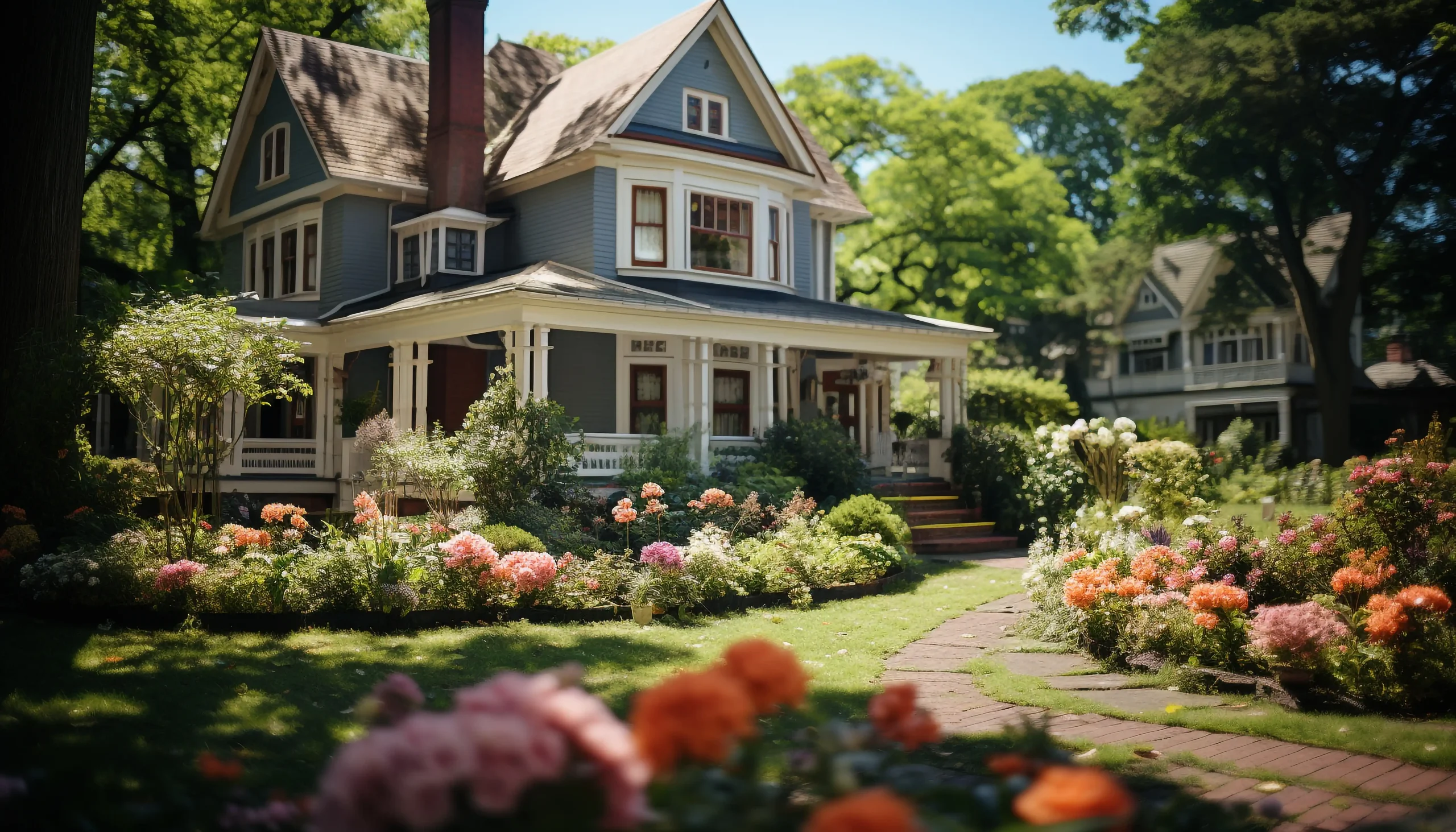 maison américaine dans un grand jardin fleuri